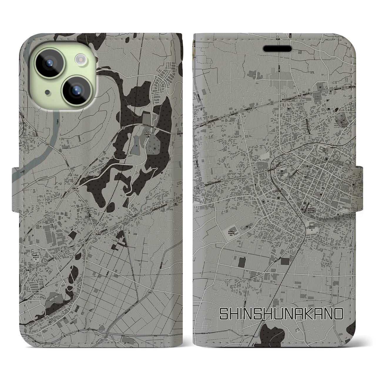 【信州中野(長野県)】地図柄iPhoneケース(手帳タイプ)モノトーン・iPhone 15 用