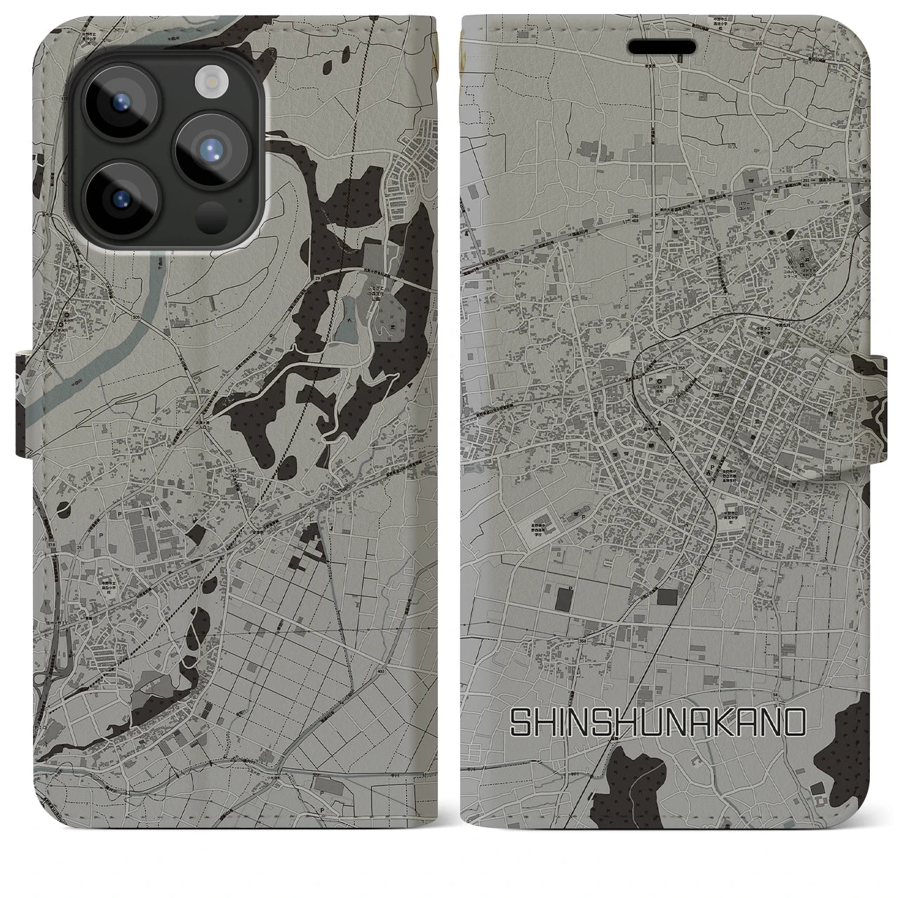 【信州中野(長野県)】地図柄iPhoneケース(手帳タイプ)モノトーン・iPhone 15 Pro Max 用
