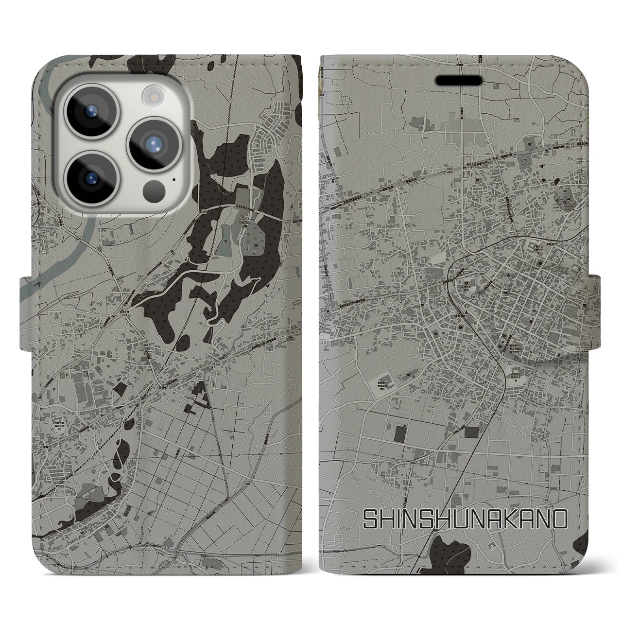 【信州中野(長野県)】地図柄iPhoneケース(手帳タイプ)モノトーン・iPhone 15 Pro 用
