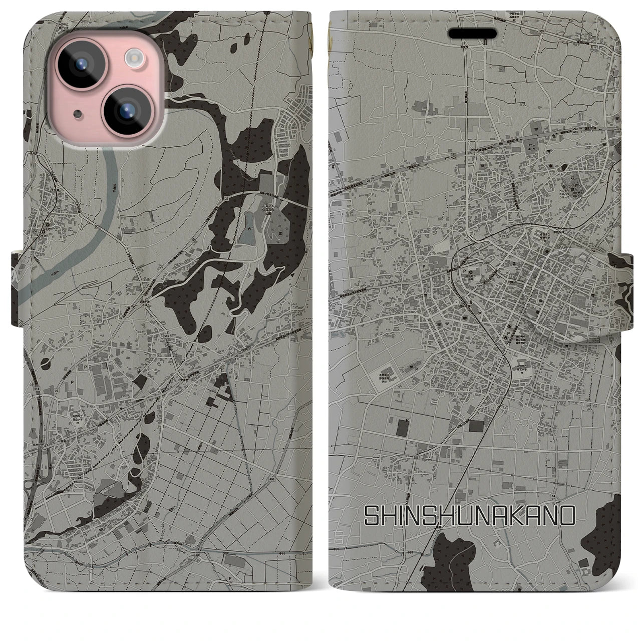 【信州中野(長野県)】地図柄iPhoneケース(手帳タイプ)モノトーン・iPhone 15 Plus 用