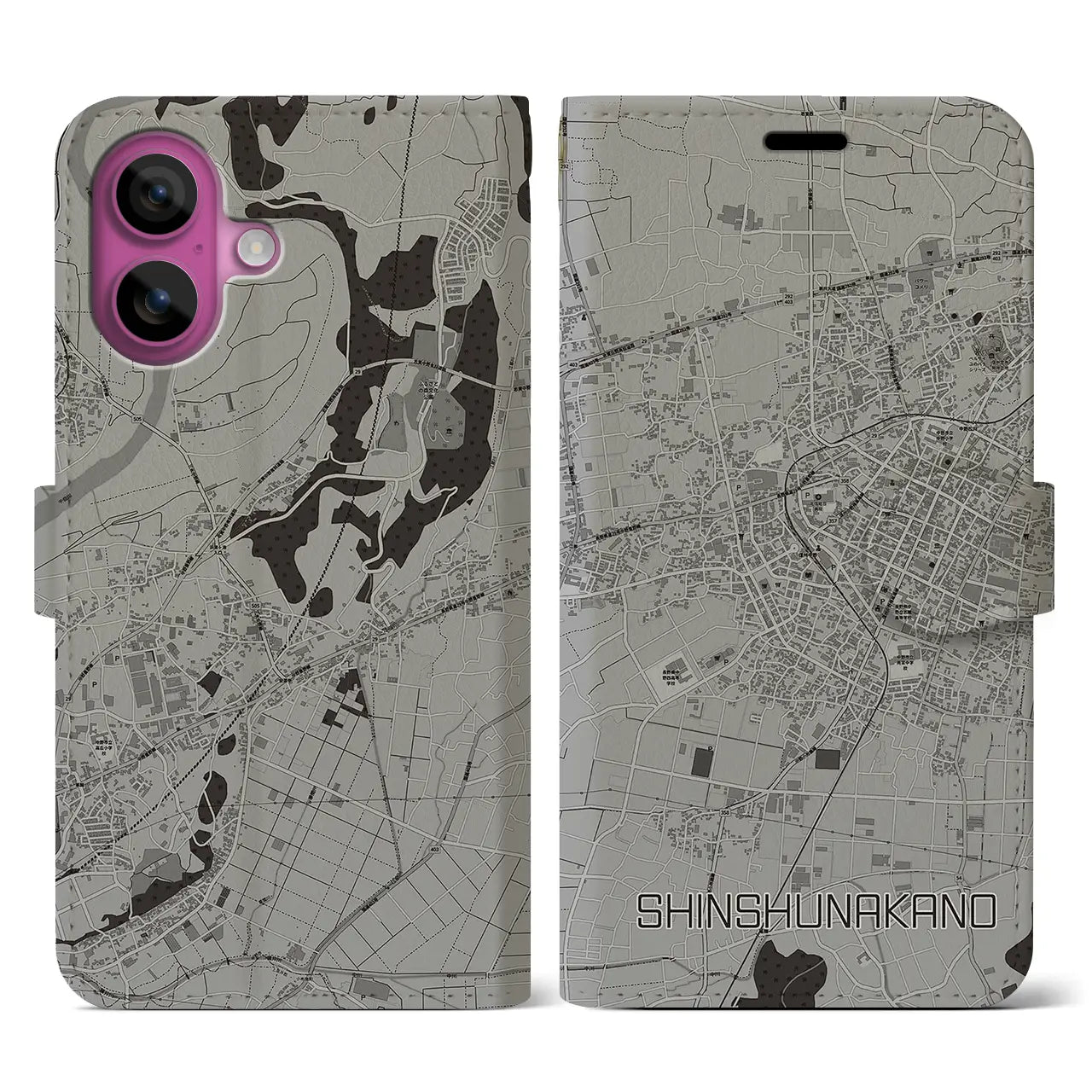 【信州中野(長野県)】地図柄iPhoneケース(手帳タイプ)モノトーン・iPhone 16 Pro 用