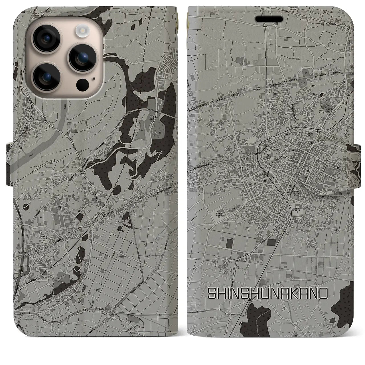 【信州中野(長野県)】地図柄iPhoneケース(手帳タイプ)モノトーン・iPhone 16 Plus 用