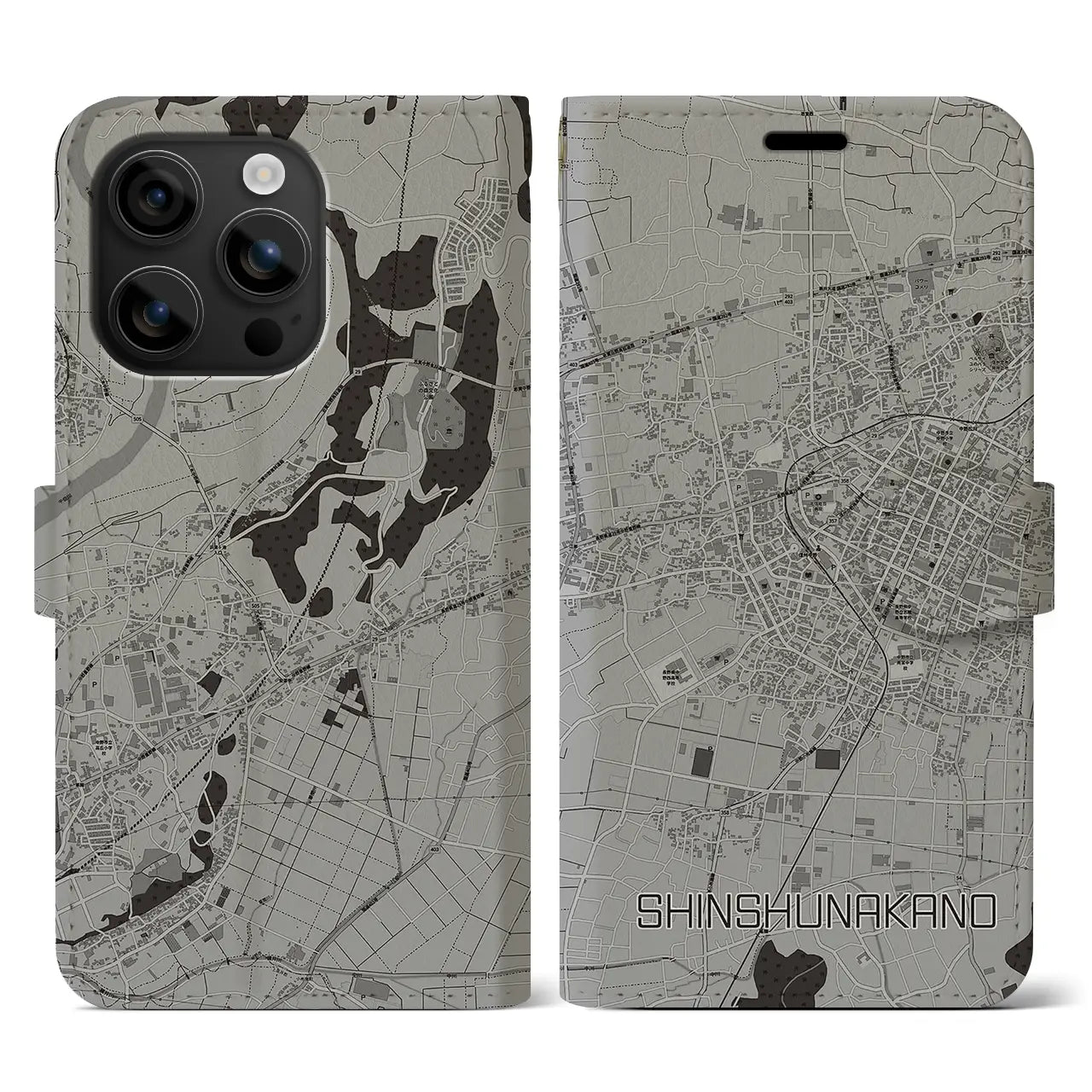 【信州中野(長野県)】地図柄iPhoneケース(手帳タイプ)モノトーン・iPhone 16 用