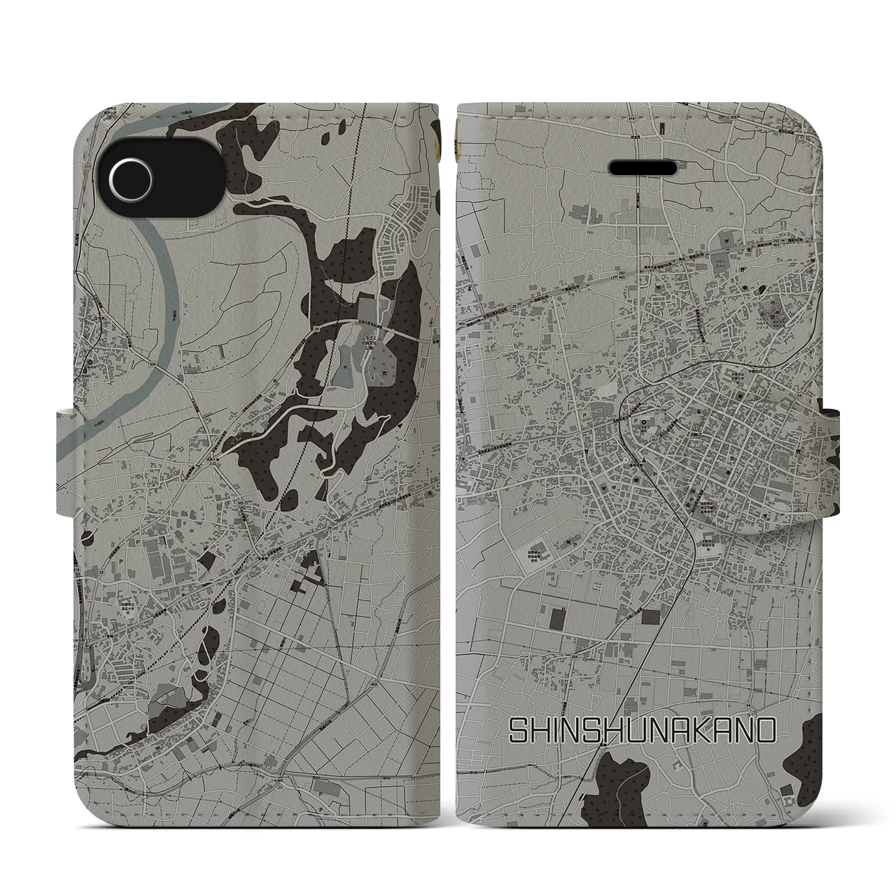【信州中野(長野県)】地図柄iPhoneケース(手帳タイプ)モノトーン・iPhone SE(第3 / 第2世代) / 8 / 7 / 6s / 6 用