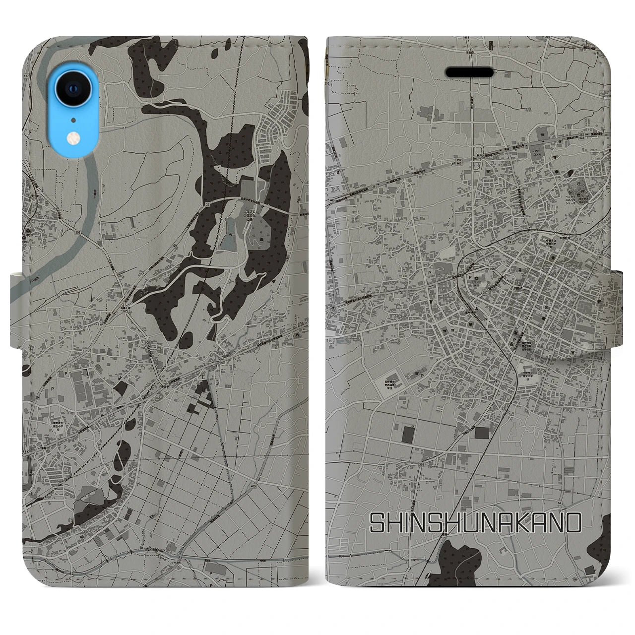 【信州中野(長野県)】地図柄iPhoneケース(手帳タイプ)モノトーン・iPhone XR 用