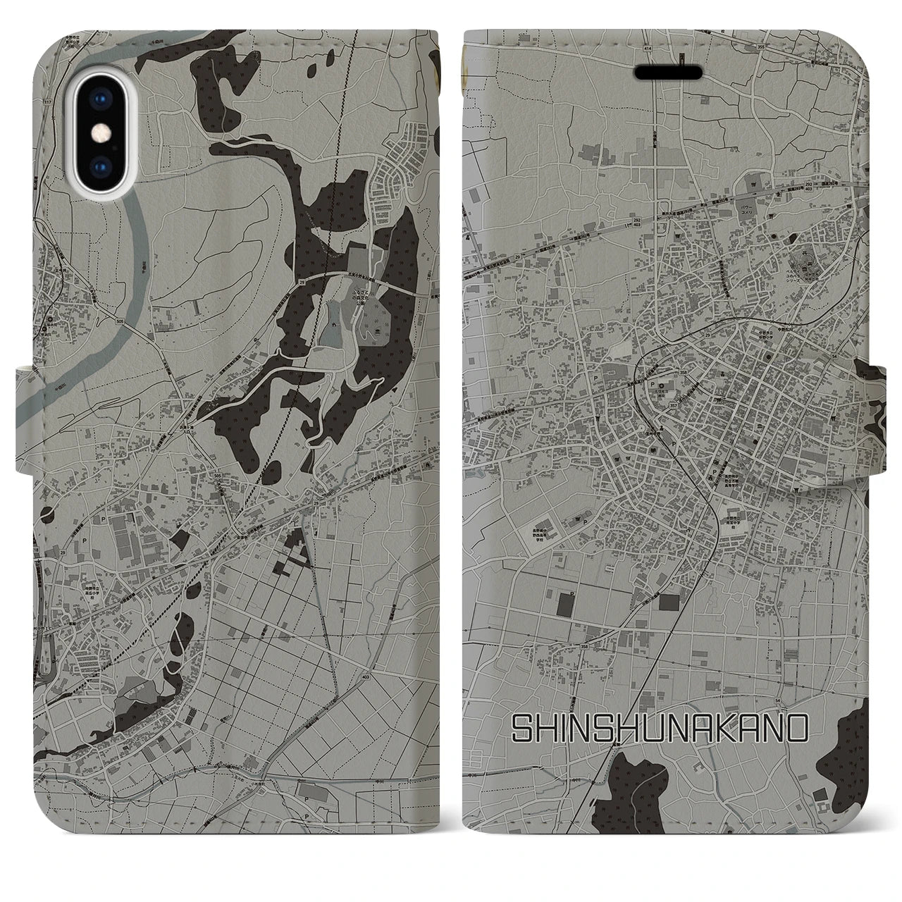 【信州中野(長野県)】地図柄iPhoneケース(手帳タイプ)モノトーン・iPhone XS Max 用