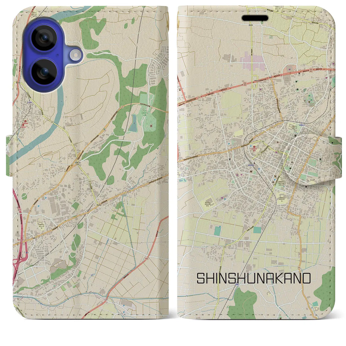 【信州中野(長野県)】地図柄iPhoneケース(手帳タイプ)ナチュラル・iPhone 16 Pro Max 用