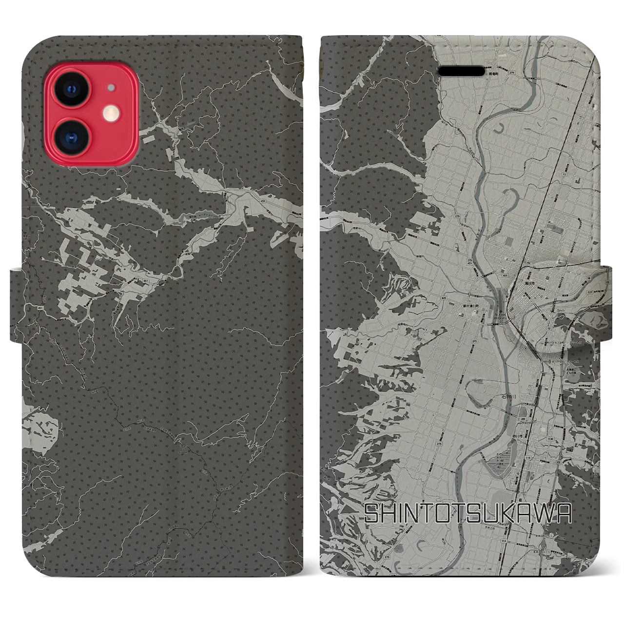 【新十津川(北海道)】地図柄iPhoneケース(手帳タイプ)モノトーン・iPhone 11 用