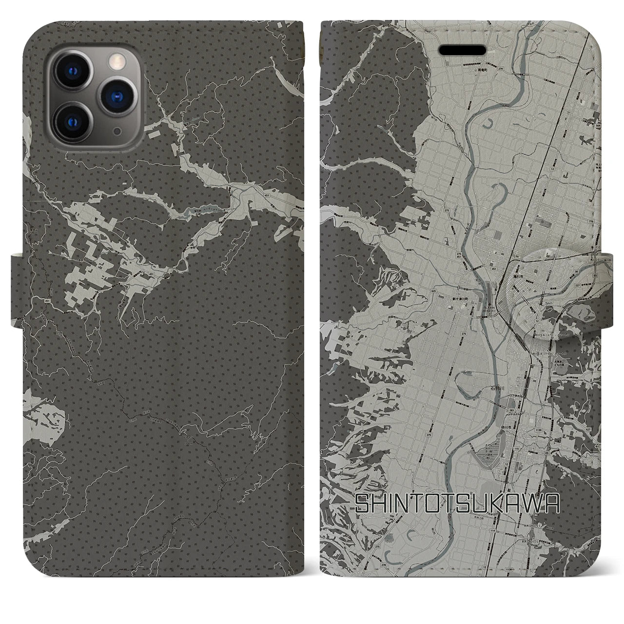 【新十津川(北海道)】地図柄iPhoneケース(手帳タイプ)モノトーン・iPhone 11 Pro Max 用