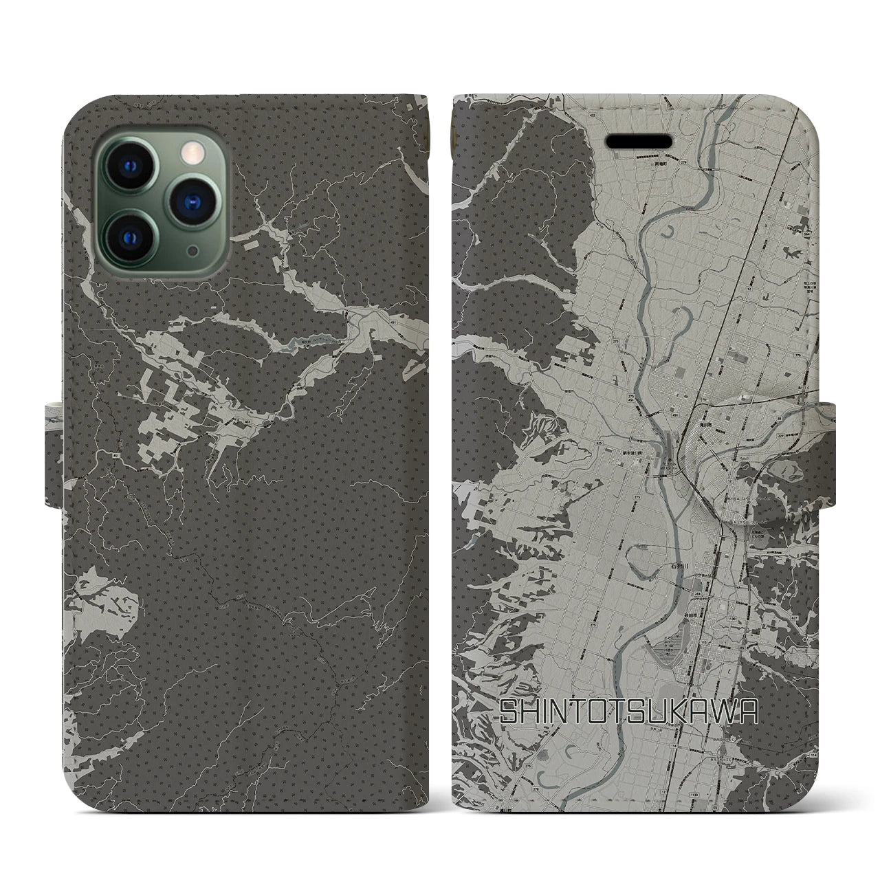 【新十津川(北海道)】地図柄iPhoneケース(手帳タイプ)モノトーン・iPhone 11 Pro 用