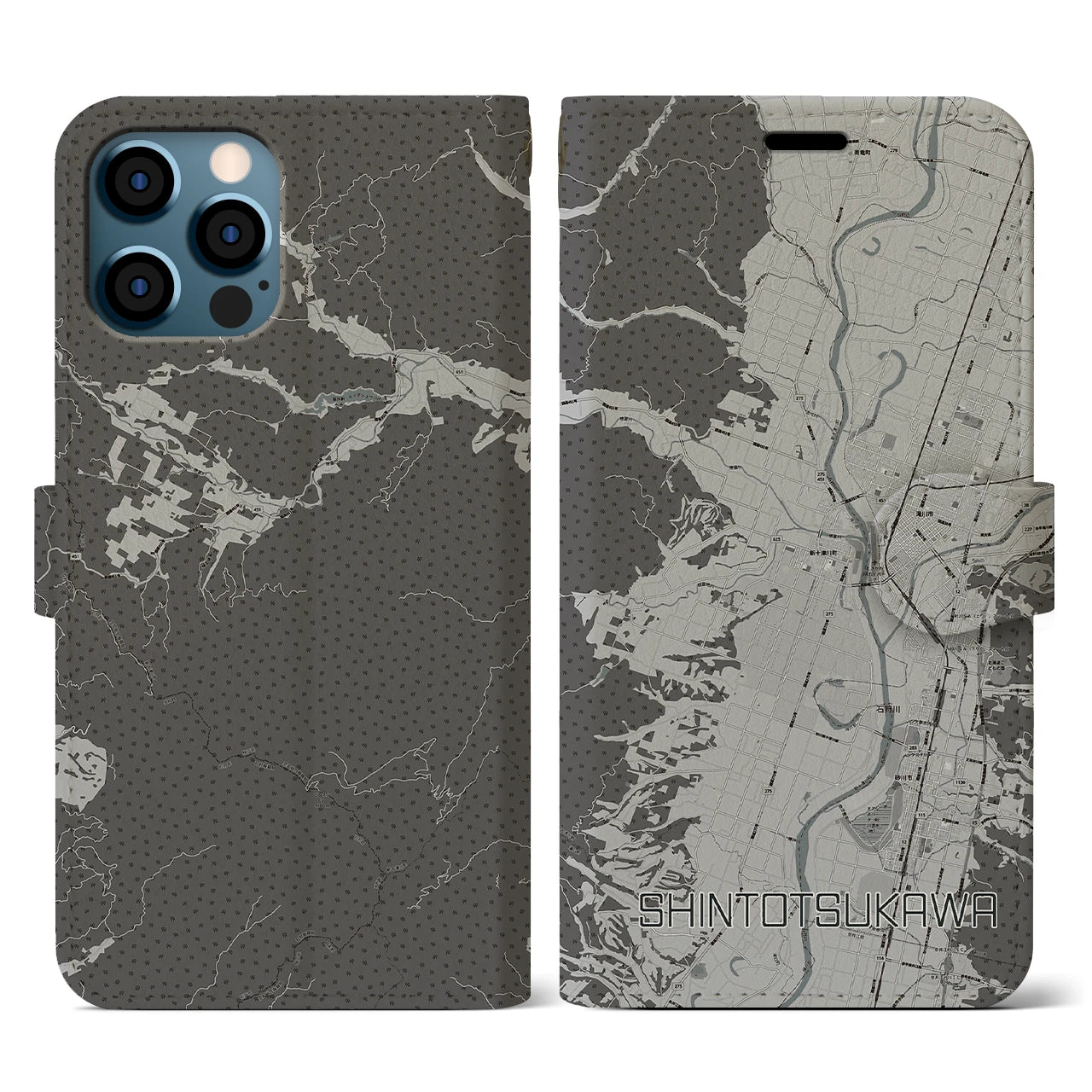 【新十津川(北海道)】地図柄iPhoneケース(手帳タイプ)モノトーン・iPhone 12 / 12 Pro 用