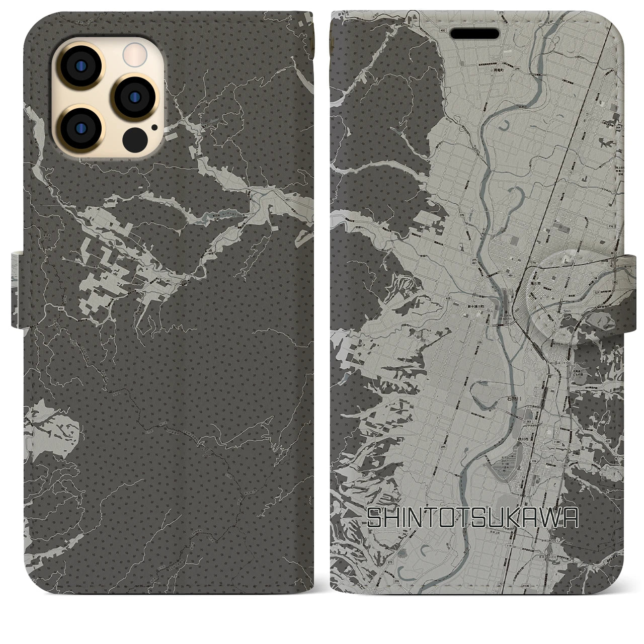 【新十津川(北海道)】地図柄iPhoneケース(手帳タイプ)モノトーン・iPhone 12 Pro Max 用