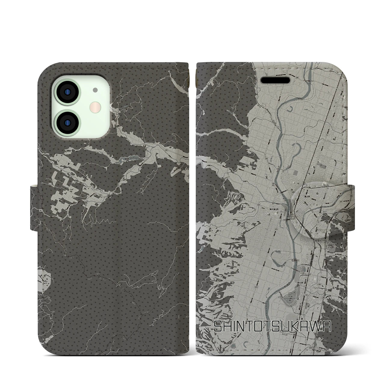 【新十津川(北海道)】地図柄iPhoneケース(手帳タイプ)モノトーン・iPhone 12 mini 用