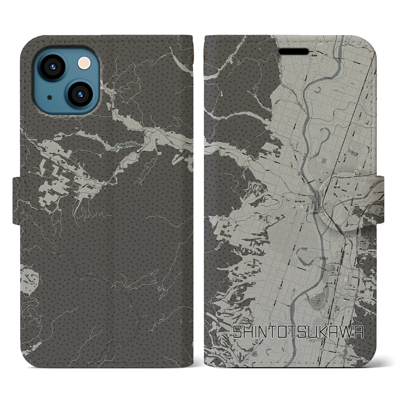 【新十津川(北海道)】地図柄iPhoneケース(手帳タイプ)モノトーン・iPhone 13 用