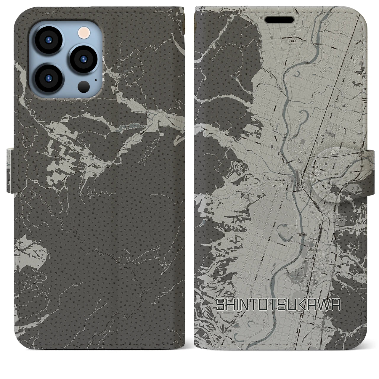 【新十津川(北海道)】地図柄iPhoneケース(手帳タイプ)モノトーン・iPhone 13 Pro Max 用