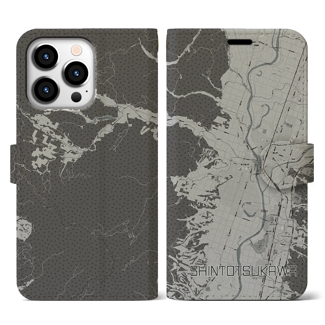 【新十津川(北海道)】地図柄iPhoneケース(手帳タイプ)モノトーン・iPhone 13 Pro 用