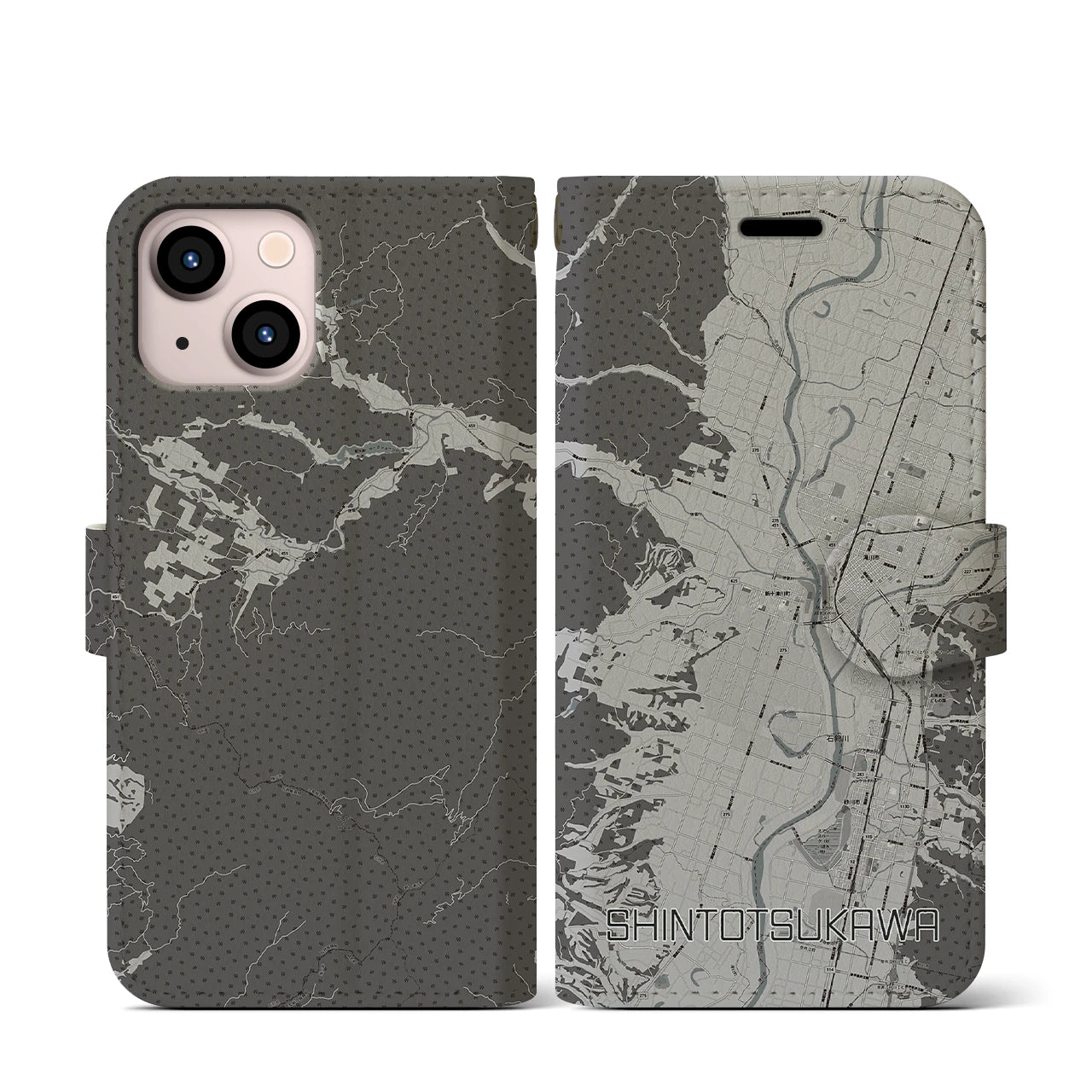 【新十津川(北海道)】地図柄iPhoneケース(手帳タイプ)モノトーン・iPhone 13 mini 用