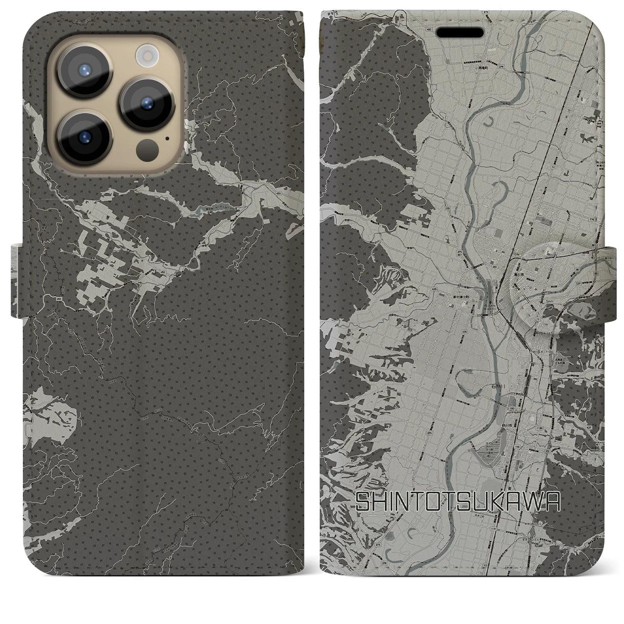 【新十津川(北海道)】地図柄iPhoneケース(手帳タイプ)モノトーン・iPhone 14 Pro Max 用