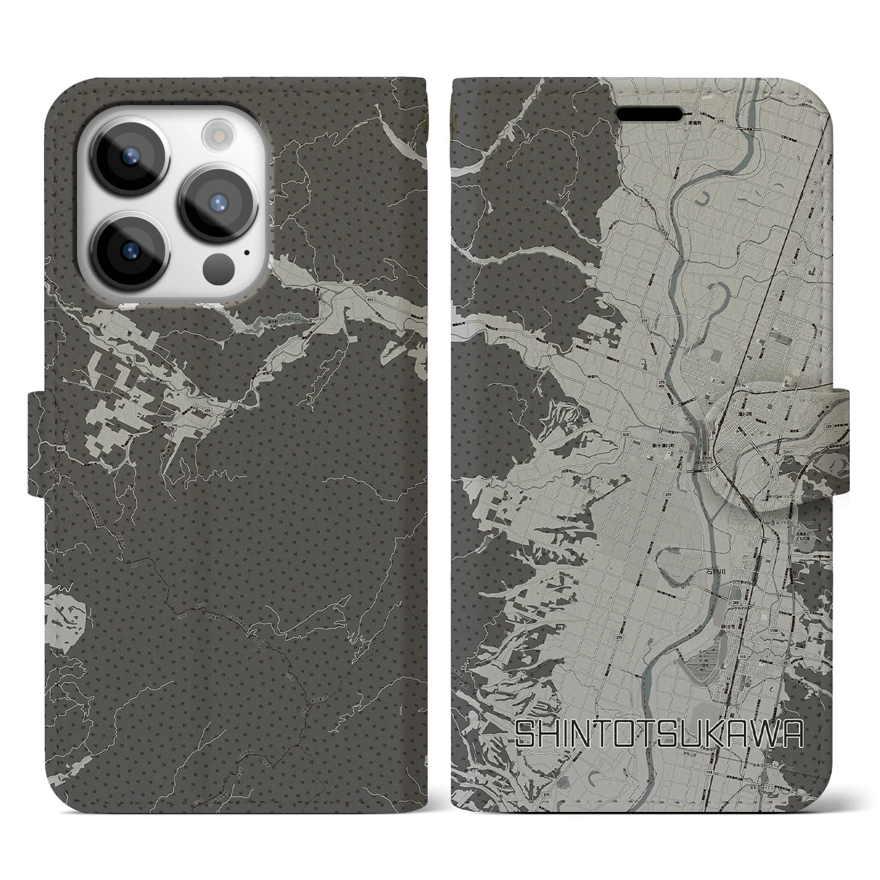 【新十津川(北海道)】地図柄iPhoneケース(手帳タイプ)モノトーン・iPhone 14 Pro 用