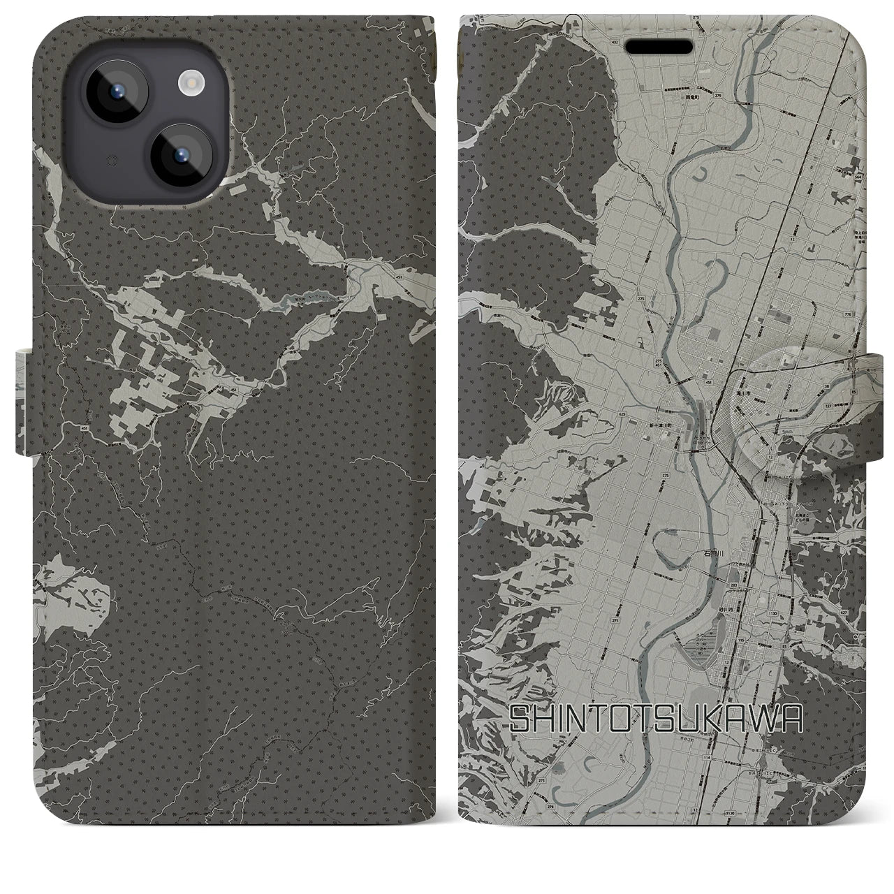 【新十津川(北海道)】地図柄iPhoneケース(手帳タイプ)モノトーン・iPhone 14 Plus 用