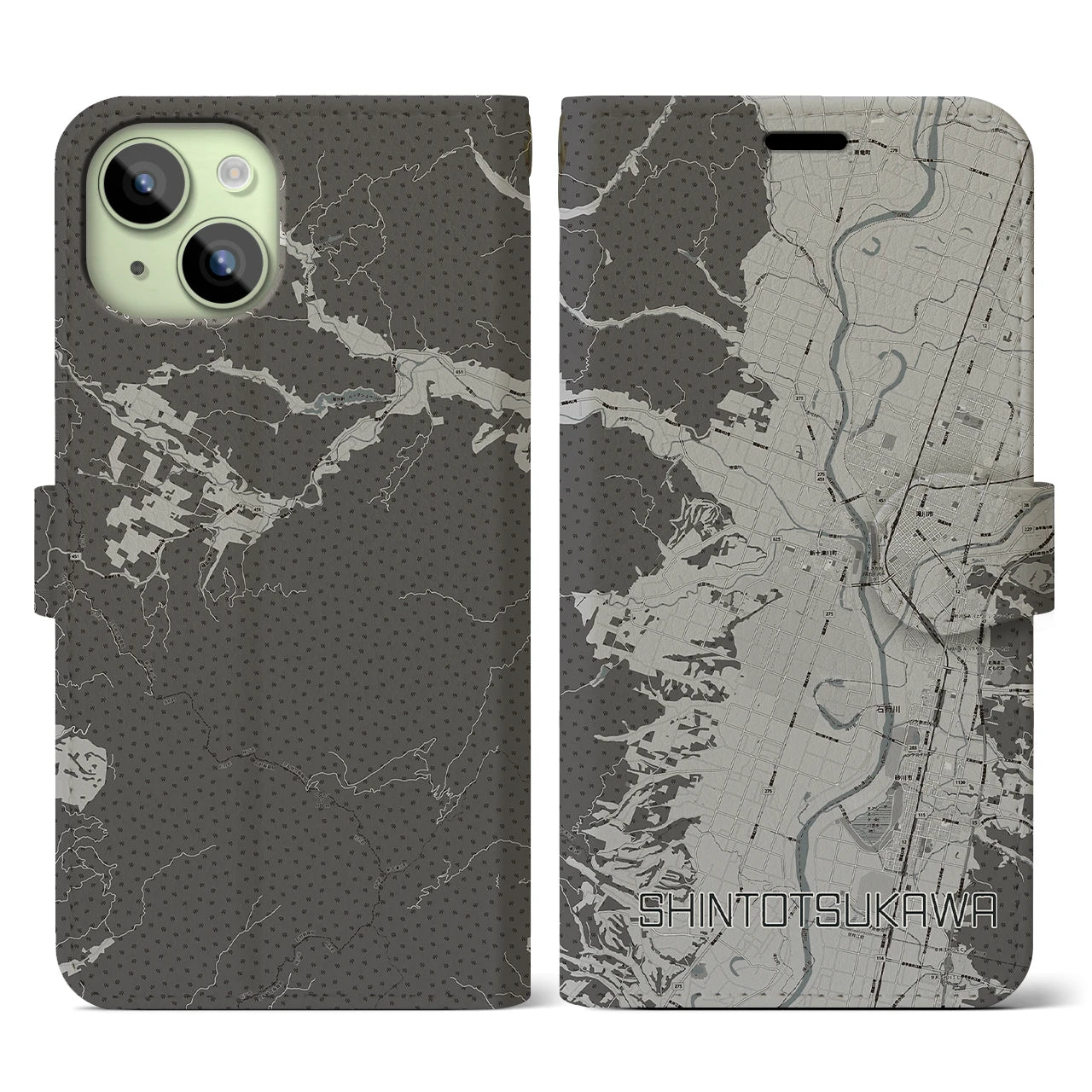 【新十津川(北海道)】地図柄iPhoneケース(手帳タイプ)モノトーン・iPhone 15 用