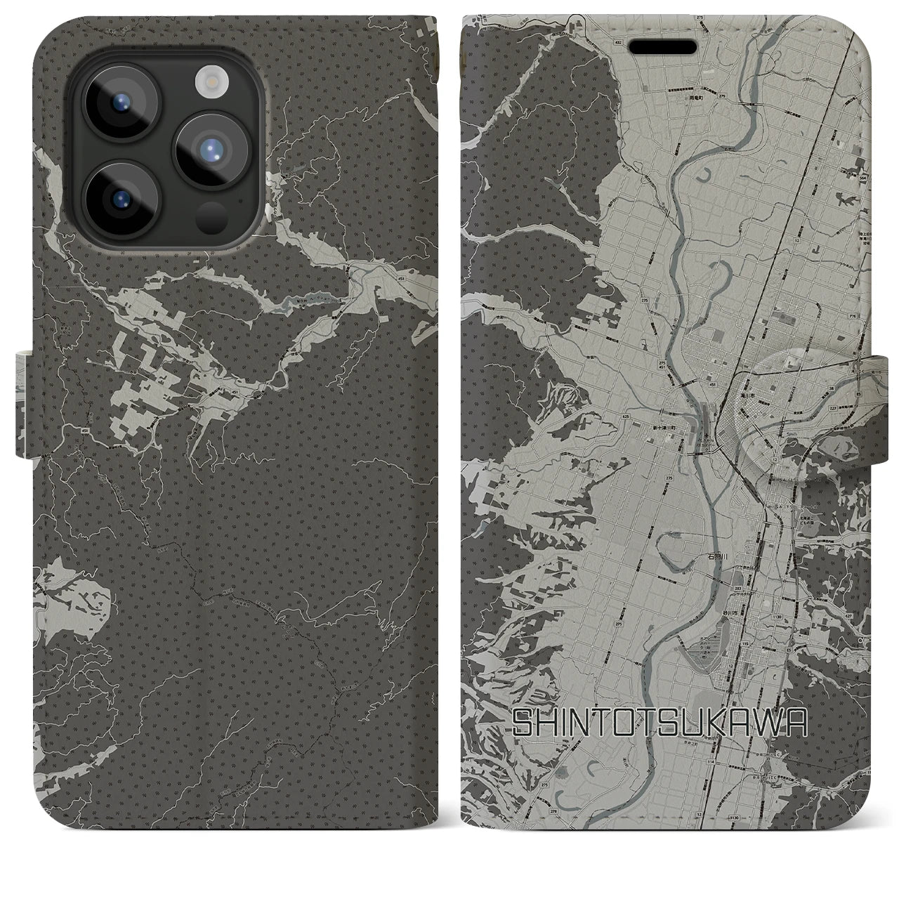 【新十津川(北海道)】地図柄iPhoneケース(手帳タイプ)モノトーン・iPhone 15 Pro Max 用