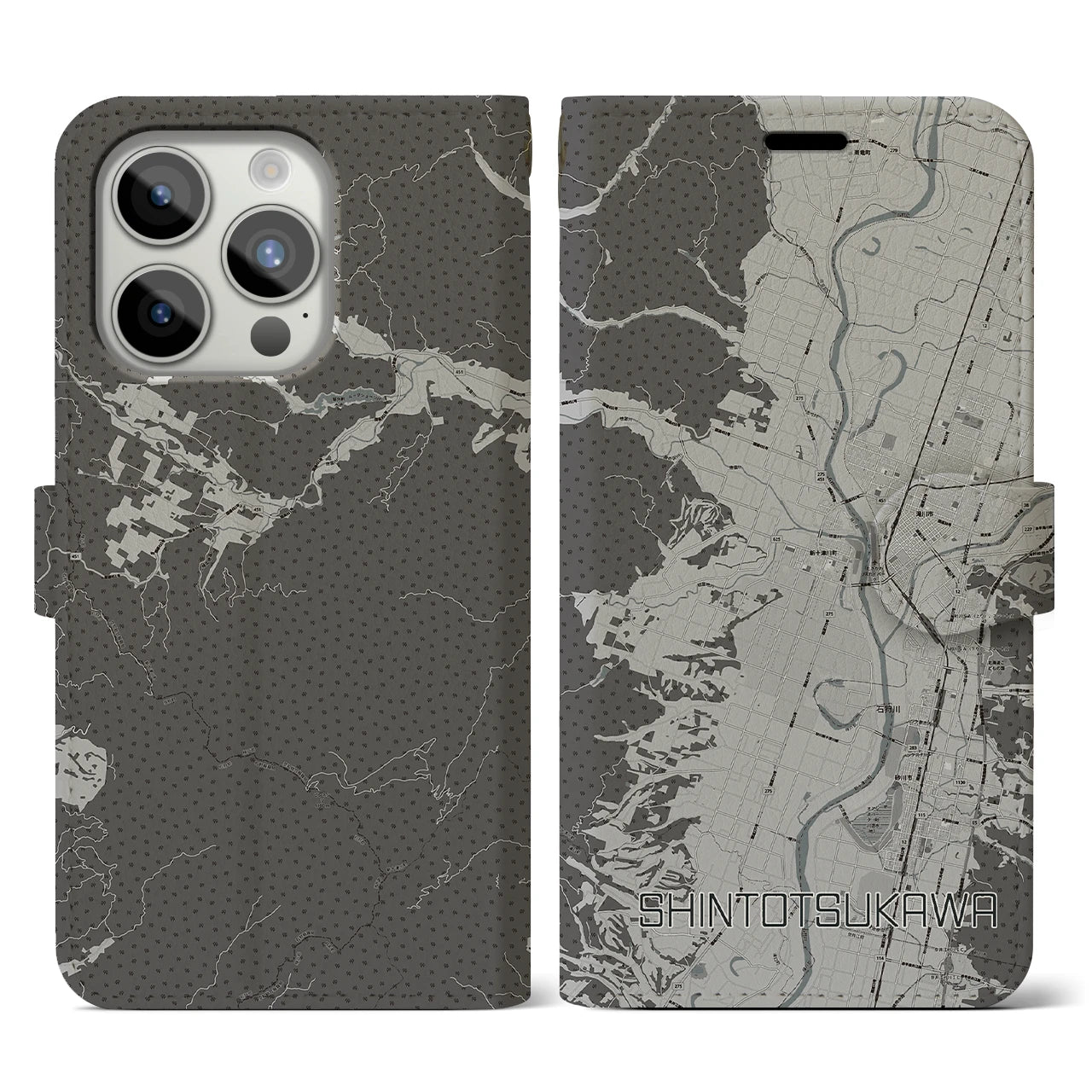 【新十津川(北海道)】地図柄iPhoneケース(手帳タイプ)モノトーン・iPhone 15 Pro 用