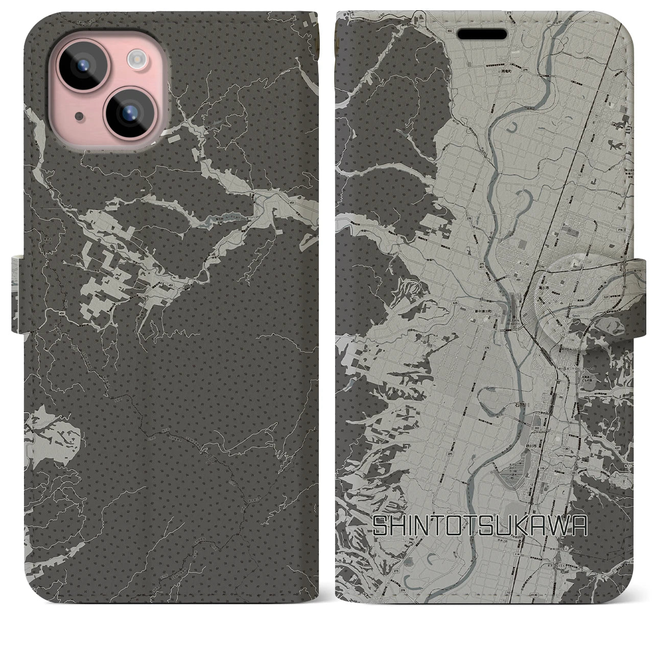 【新十津川(北海道)】地図柄iPhoneケース(手帳タイプ)モノトーン・iPhone 15 Plus 用