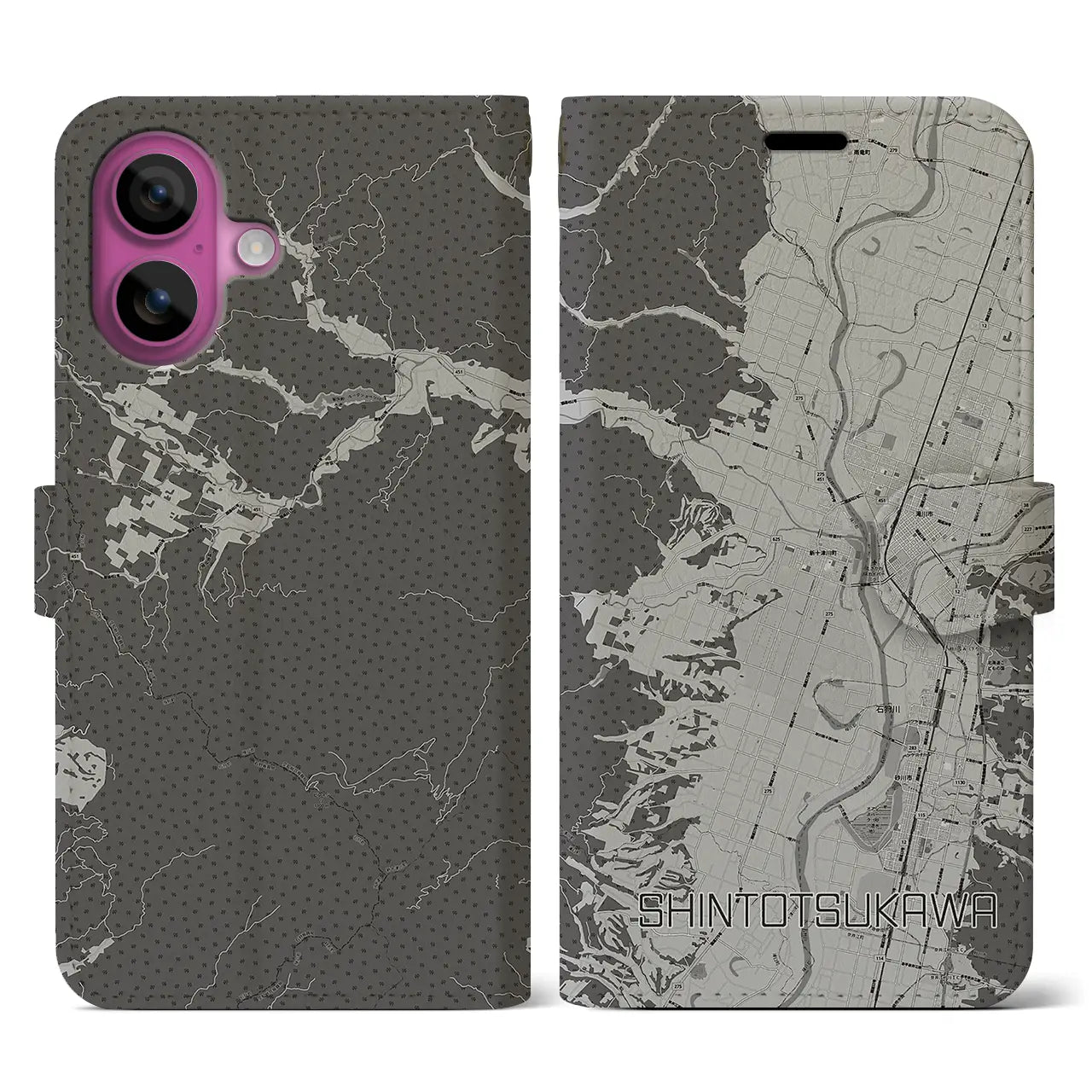 【新十津川(北海道)】地図柄iPhoneケース(手帳タイプ)モノトーン・iPhone 16 Pro 用