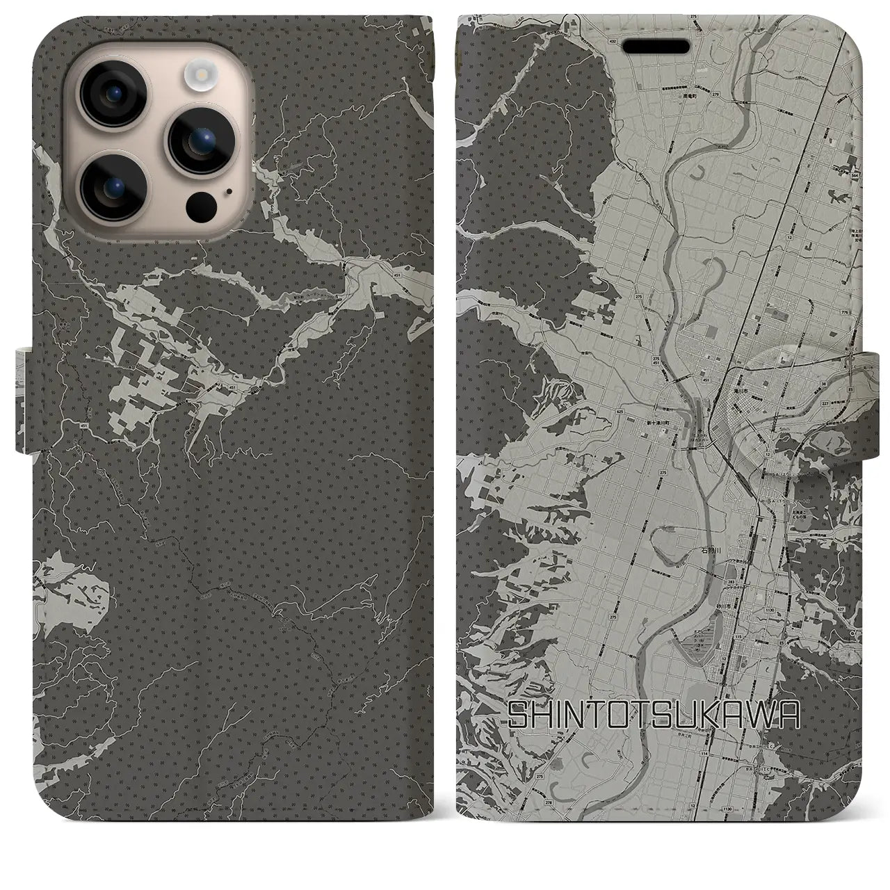 【新十津川(北海道)】地図柄iPhoneケース(手帳タイプ)モノトーン・iPhone 16 Plus 用