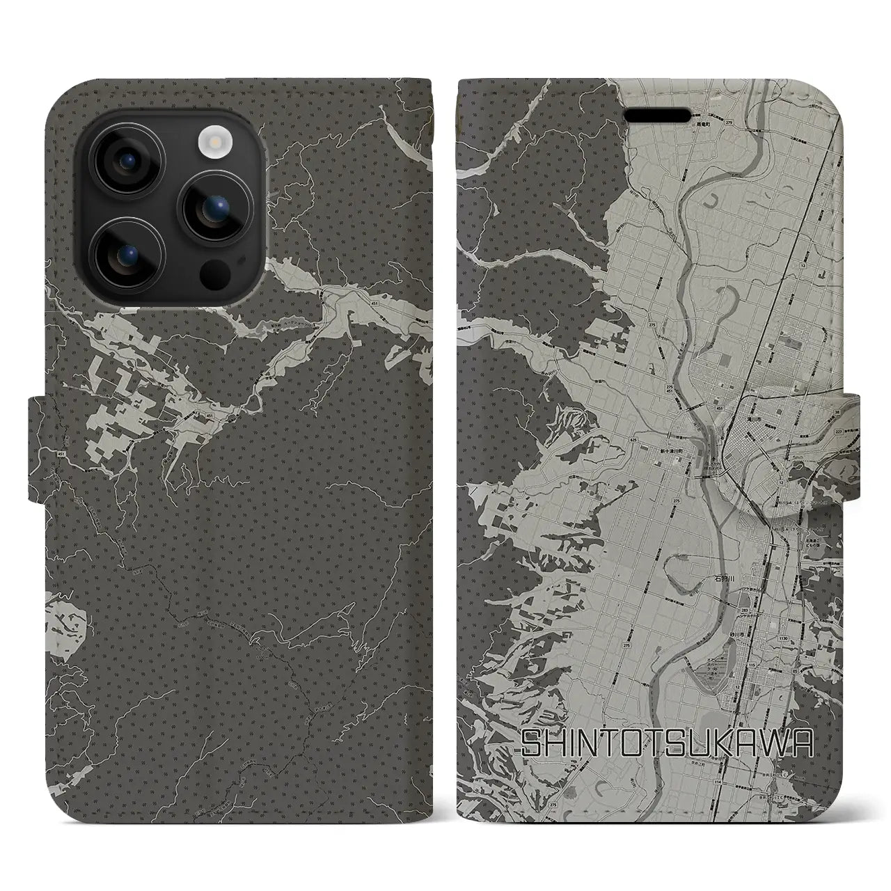 【新十津川(北海道)】地図柄iPhoneケース(手帳タイプ)モノトーン・iPhone 16 用