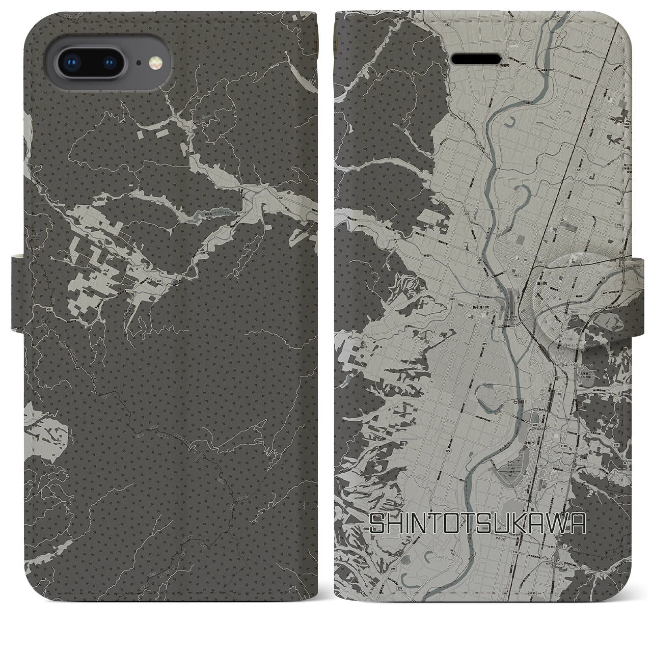 【新十津川(北海道)】地図柄iPhoneケース(手帳タイプ)モノトーン・iPhone 8Plus /7Plus / 6sPlus / 6Plus 用