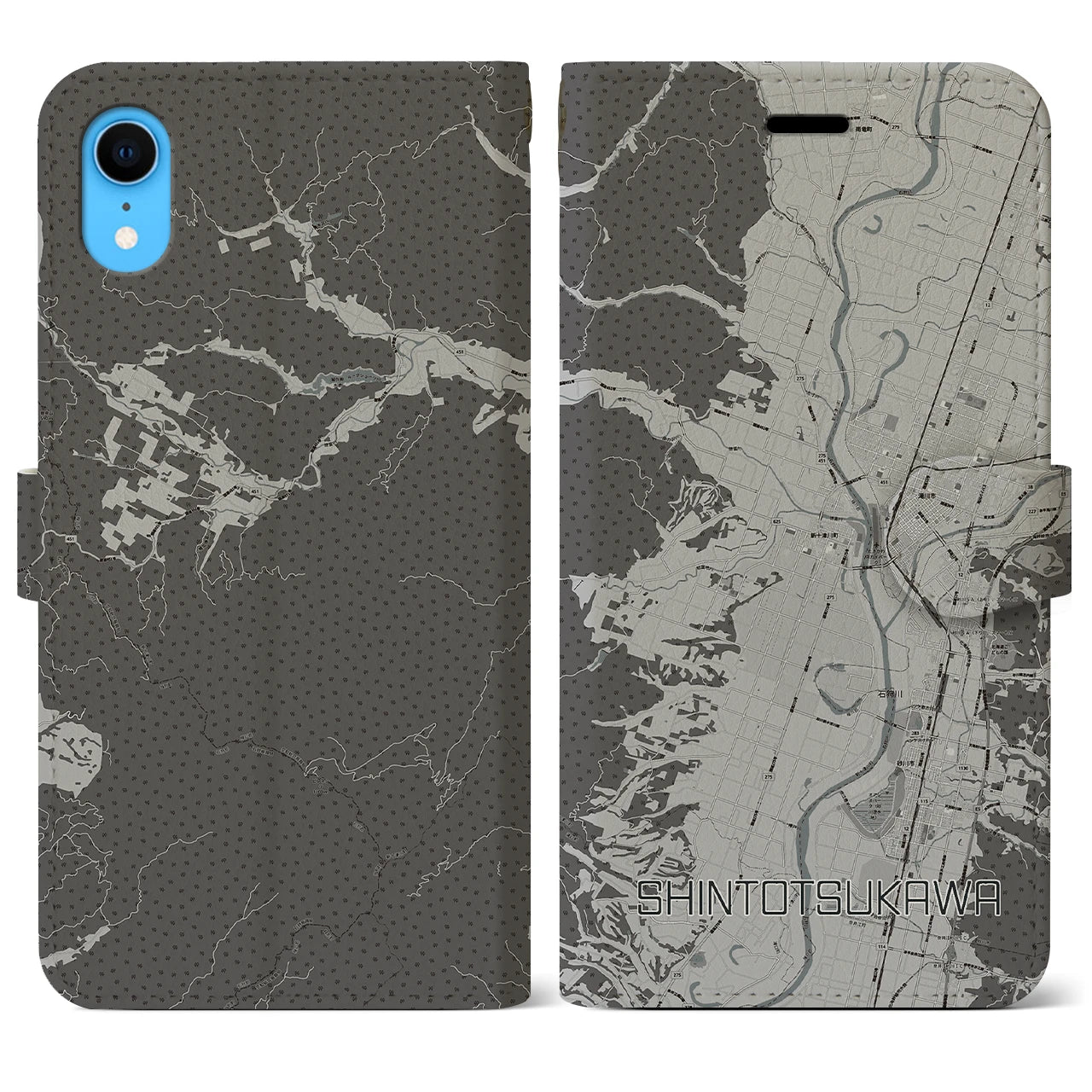 【新十津川(北海道)】地図柄iPhoneケース(手帳タイプ)モノトーン・iPhone XR 用