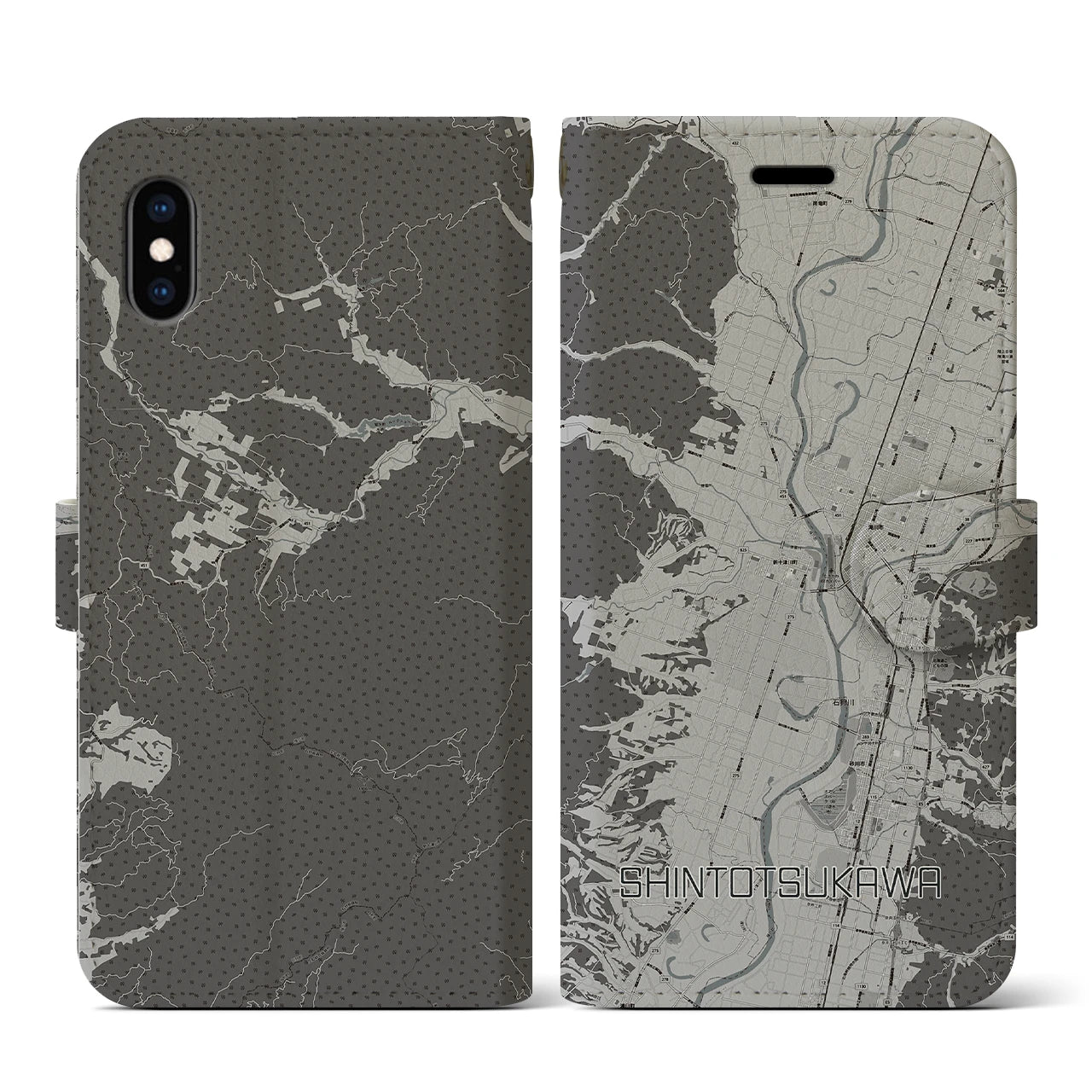 【新十津川(北海道)】地図柄iPhoneケース(手帳タイプ)モノトーン・iPhone XS / X 用