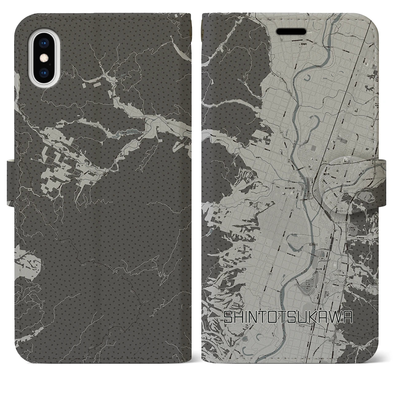 【新十津川(北海道)】地図柄iPhoneケース(手帳タイプ)モノトーン・iPhone XS Max 用