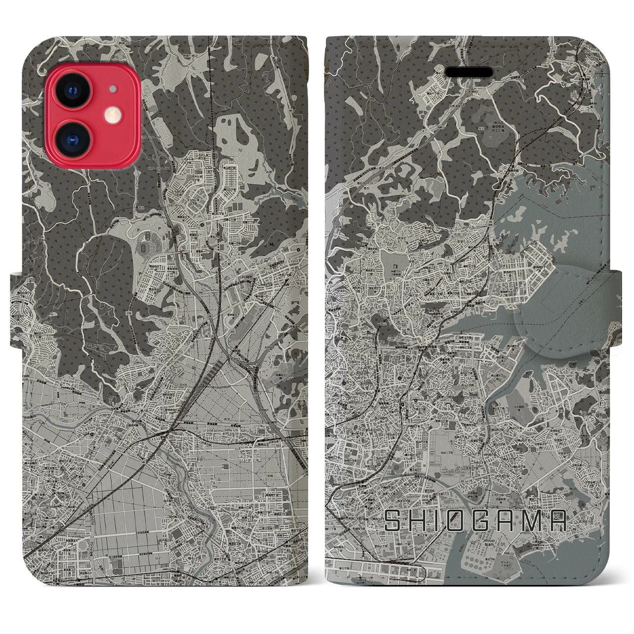 【塩竈(宮城県)】地図柄iPhoneケース(手帳タイプ)モノトーン・iPhone 11 用