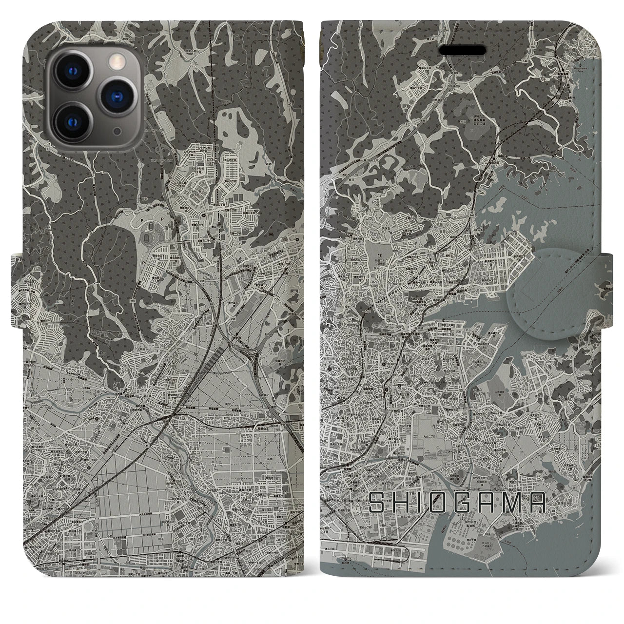 【塩竈(宮城県)】地図柄iPhoneケース(手帳タイプ)モノトーン・iPhone 11 Pro Max 用