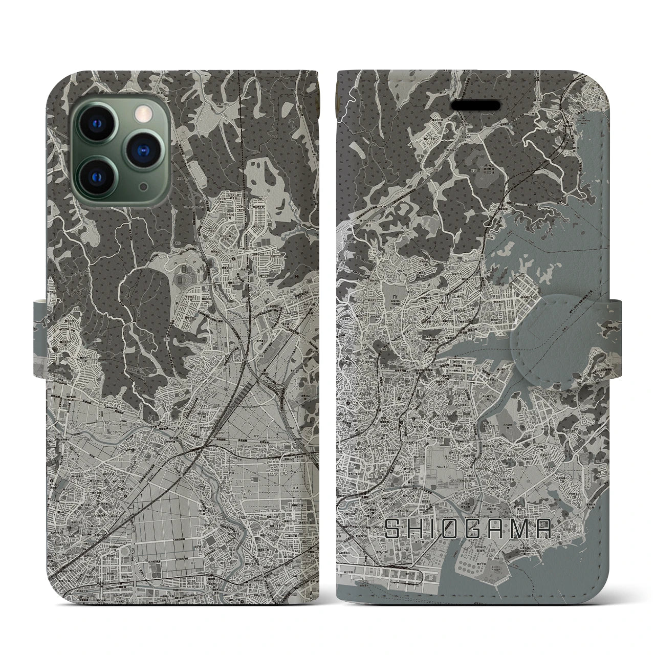 【塩竈(宮城県)】地図柄iPhoneケース(手帳タイプ)モノトーン・iPhone 11 Pro 用