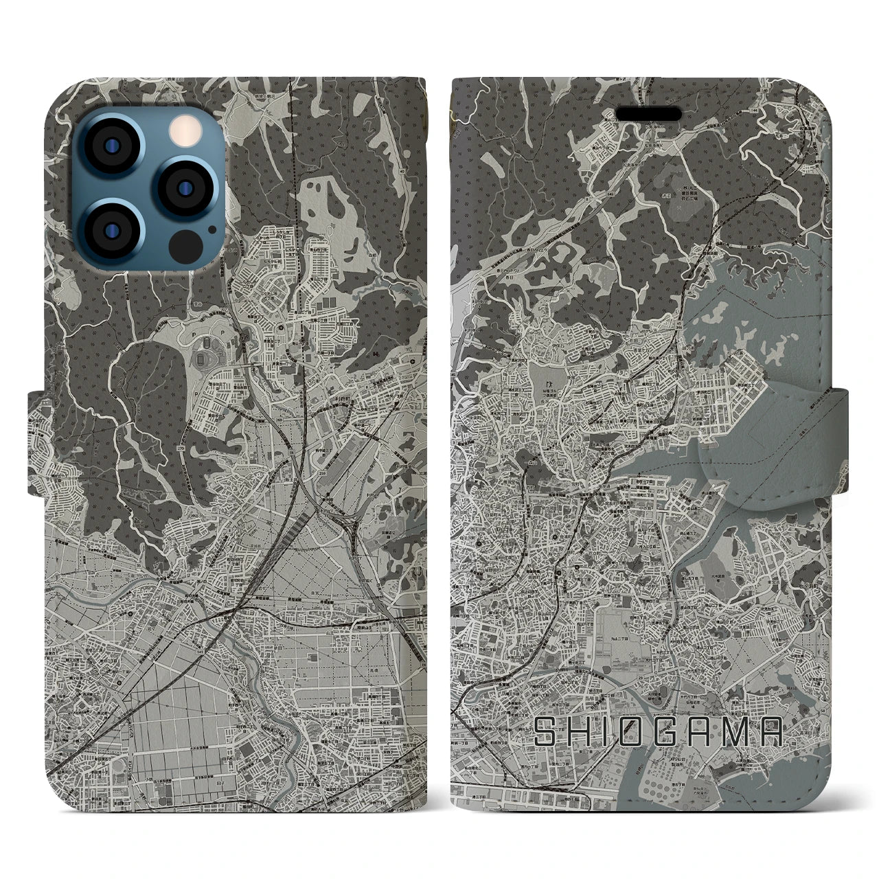 【塩竈(宮城県)】地図柄iPhoneケース(手帳タイプ)モノトーン・iPhone 12 / 12 Pro 用