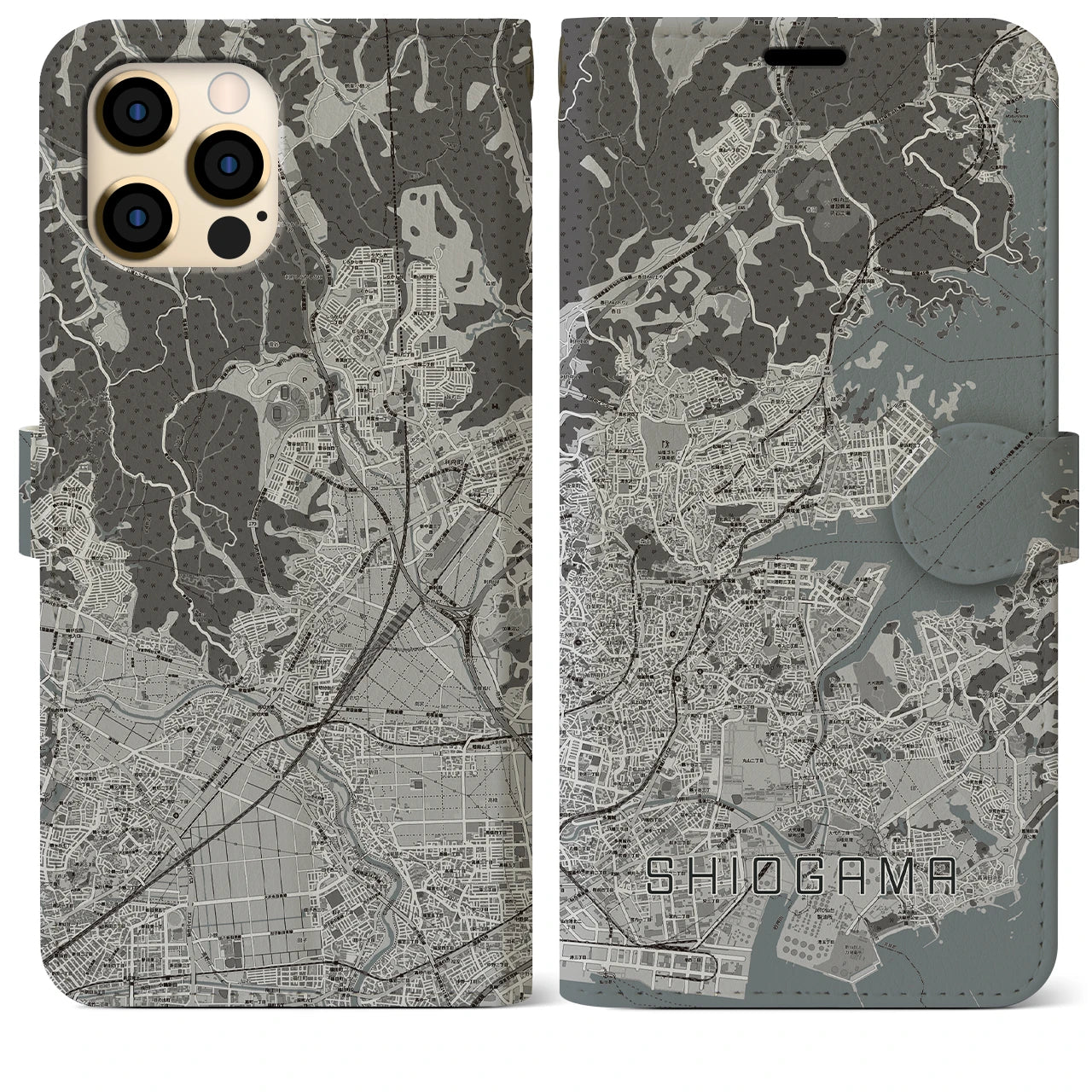 【塩竈(宮城県)】地図柄iPhoneケース(手帳タイプ)モノトーン・iPhone 12 Pro Max 用