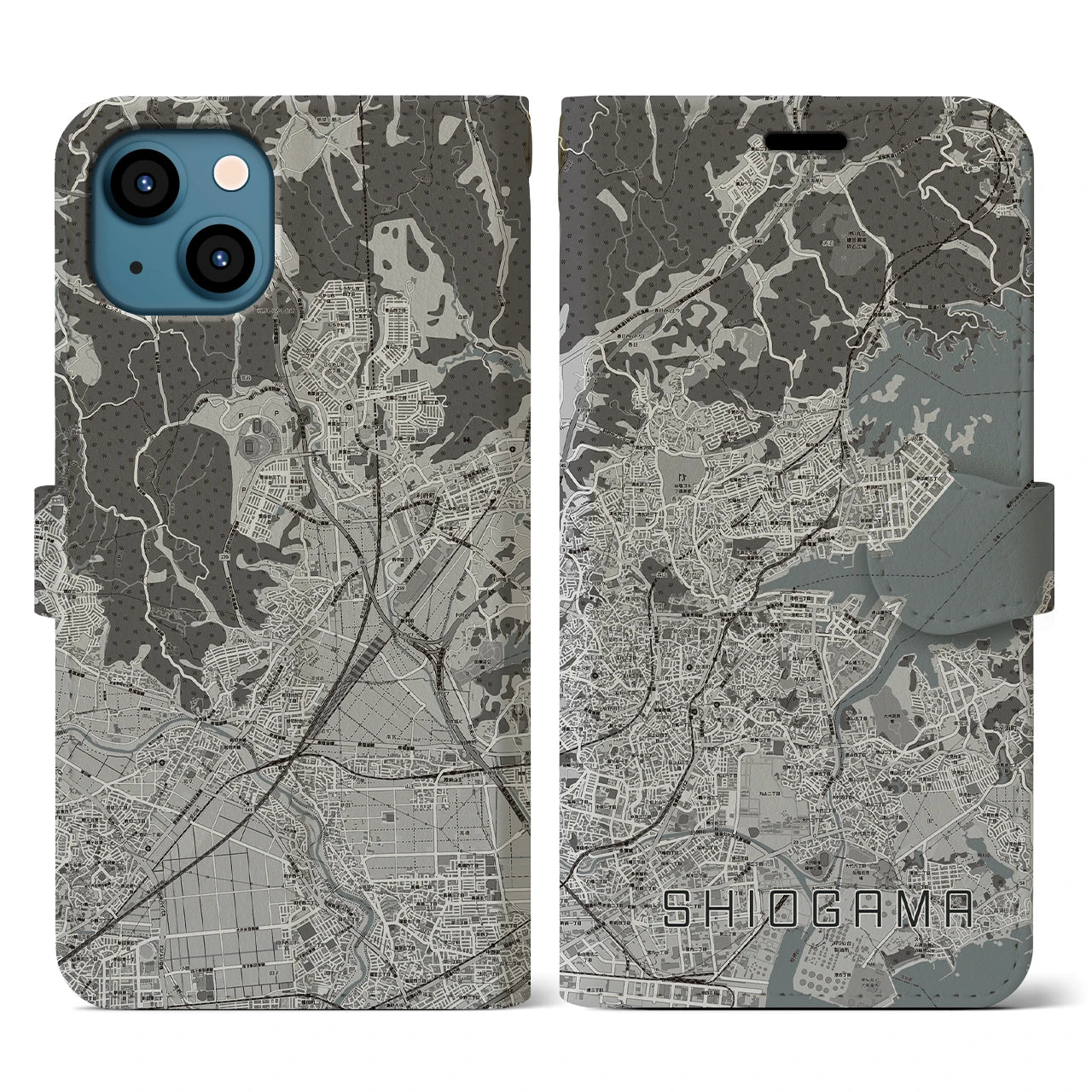 【塩竈(宮城県)】地図柄iPhoneケース(手帳タイプ)モノトーン・iPhone 13 用