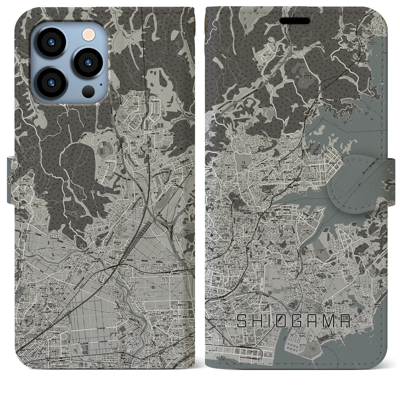 【塩竈(宮城県)】地図柄iPhoneケース(手帳タイプ)モノトーン・iPhone 13 Pro Max 用