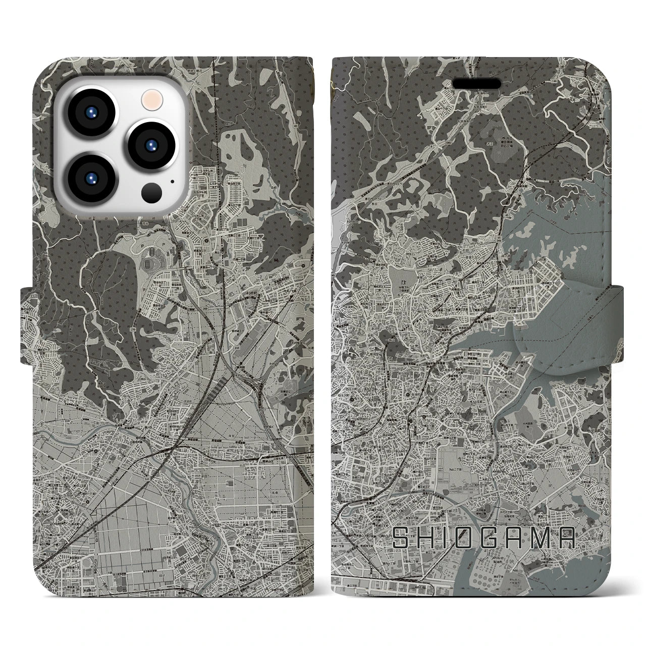 【塩竈(宮城県)】地図柄iPhoneケース(手帳タイプ)モノトーン・iPhone 13 Pro 用