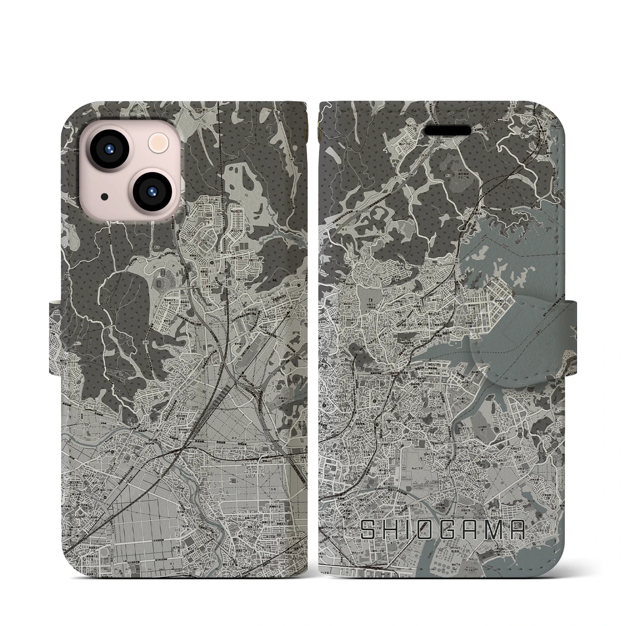 【塩竈(宮城県)】地図柄iPhoneケース(手帳タイプ)モノトーン・iPhone 13 mini 用