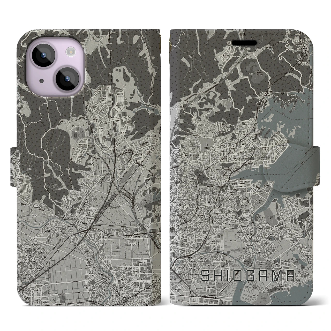 【塩竈(宮城県)】地図柄iPhoneケース(手帳タイプ)モノトーン・iPhone 14 用