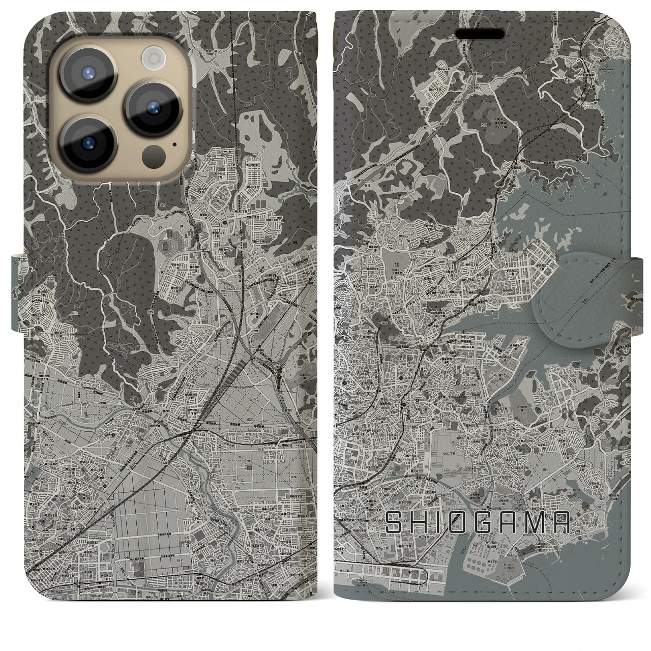 【塩竈(宮城県)】地図柄iPhoneケース(手帳タイプ)モノトーン・iPhone 14 Pro Max 用