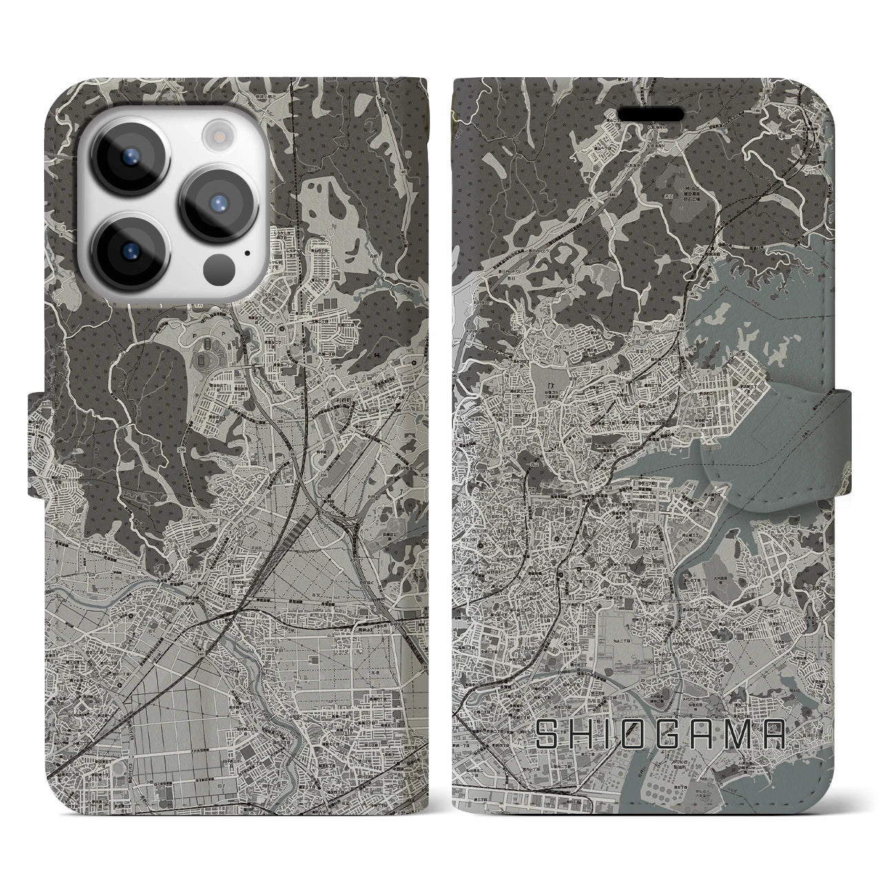 【塩竈(宮城県)】地図柄iPhoneケース(手帳タイプ)モノトーン・iPhone 14 Pro 用