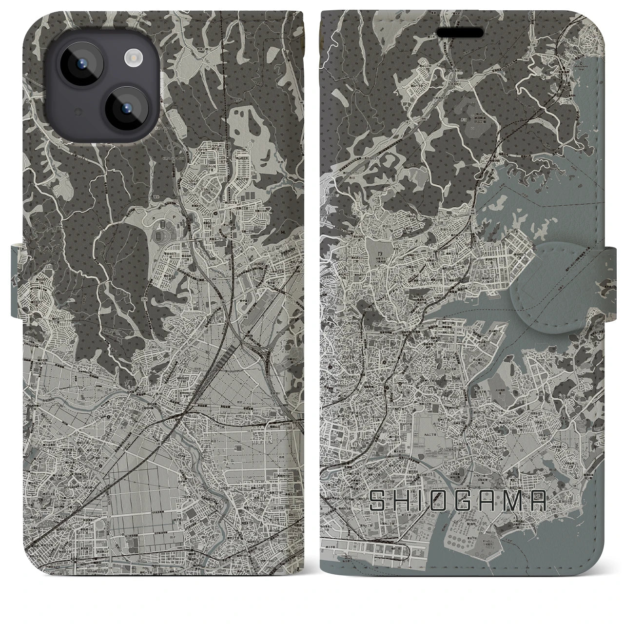 【塩竈(宮城県)】地図柄iPhoneケース(手帳タイプ)モノトーン・iPhone 14 Plus 用