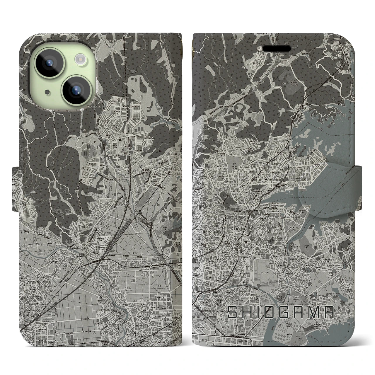 【塩竈(宮城県)】地図柄iPhoneケース(手帳タイプ)モノトーン・iPhone 15 用