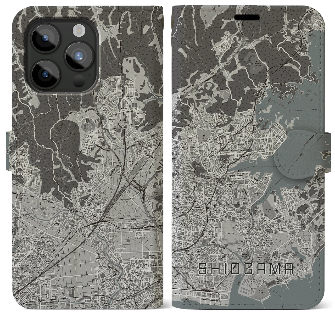 【塩竈(宮城県)】地図柄iPhoneケース(手帳タイプ)モノトーン・iPhone 15 Pro Max 用
